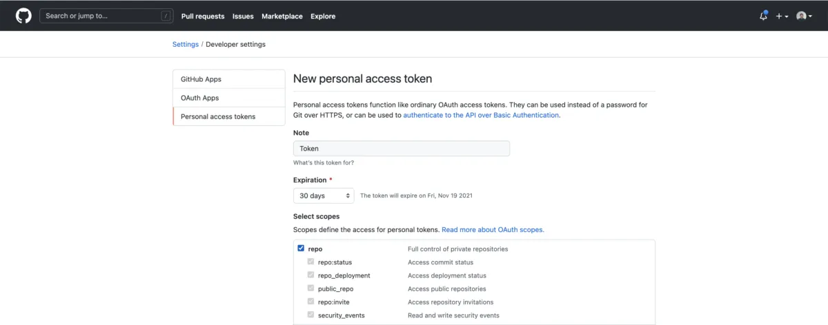 GitHub developer settings page creating a new personal access token with the repo scope selected