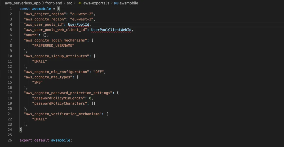 The aws-exports.js file in VS Code, holding the Cognito region, user pool ID and web client ID for the React app
