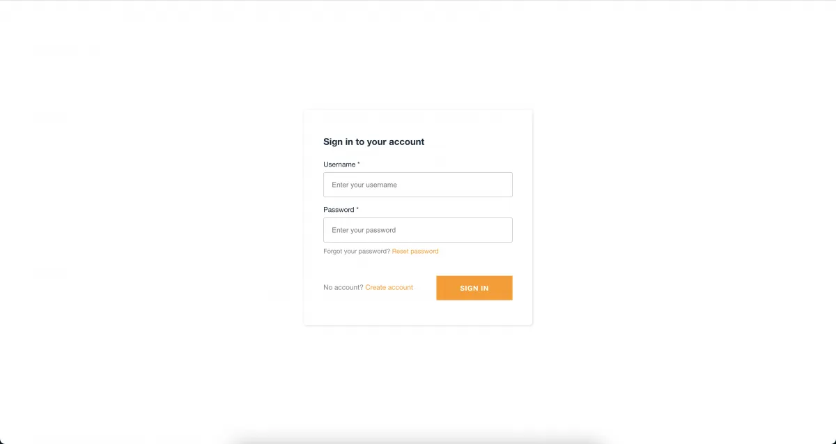 Amplify sign-in screen with username and password fields, protecting the React app with Cognito